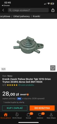Kranik paliwa do skutera z czterema króćcami na węże i uchwytem montażowym