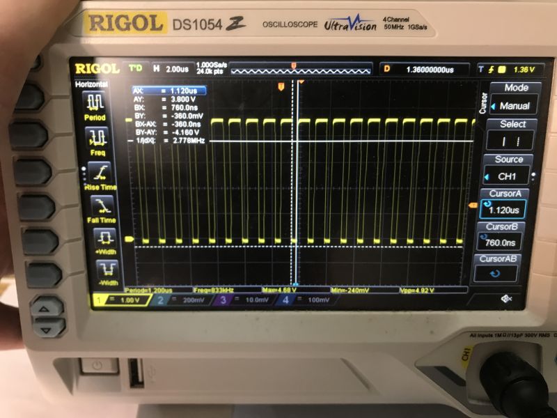 Rigol DS1054Z oscilloscope screen showing square wave data signal for LED