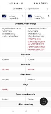 Porównanie dwóch laptopów Lenovo Legion z różnicami w specyfikacji ekranu i szerokości.