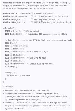 mikroC Code Snippet for MCP23017 I2C Configuration Screenshot of code snippet in mikroC for controlling MCP23017.