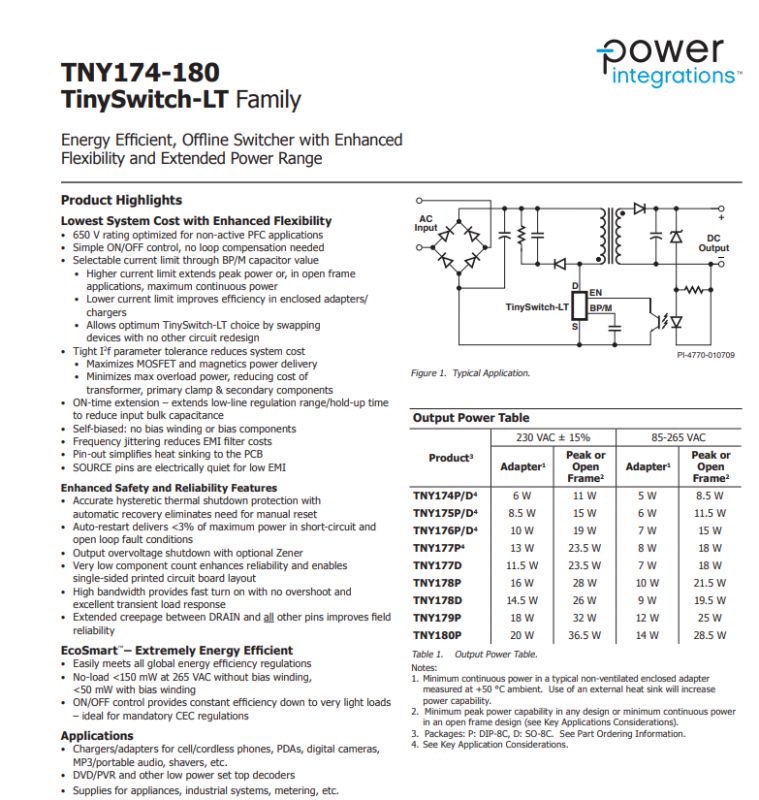 Power table and application circuit of TNY174–180 TinySwitch-LT series