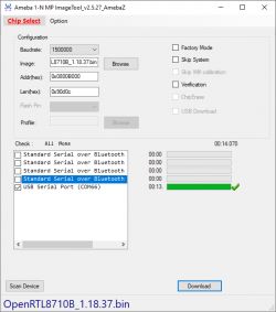 Screenshot of Ameba 1-N MP ImageTool v2.5.27 with flash configuration.