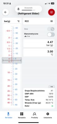 Zrzut ekranu z aplikacji do kontroli ciśnienia i temperatury czynników chłodniczych z wybranym czynnikiem R22.