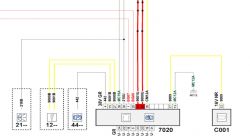 Diagram showing an electrical wiring schematic with numbers and colored lines.
