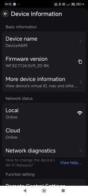 Device Information Device information screen from an app showing device name and firmware version.