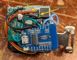 Close-up of PCB boards with wires; arrows label IC pins “Bad pin 2” and “Correct pin 4”.