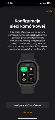 Interfejs konfiguracji sieci komórkowej na Apple Watch.