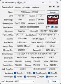 Zrzut ekranu programu GPU-Z przedstawiający szczegółowe informacje o karcie graficznej AMD Radeon RX 6600 Sapphire Pulse.
