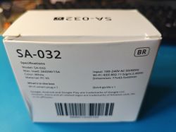 SA-032 Smart Plug Packaging White packaging of the SA-032 smart plug with specifications.