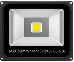 COB LED floodlight 50W with black housing, technical label at bottom