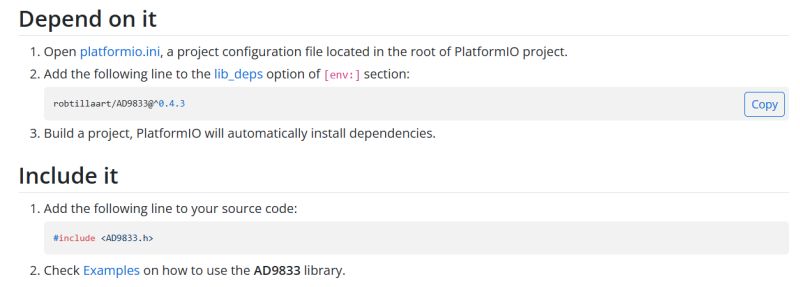 Instrukcja użycia biblioteki AD9833 w PlatformIO z fragmentem kodu zależności