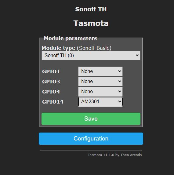 Tasmota Configuration for Sonoff TH Module Screenshot of the Tasmota interface showing the configuration for a Sonoff TH module.