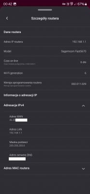 Zrzut ekranu szczegółów routera na urządzeniu mobilnym.