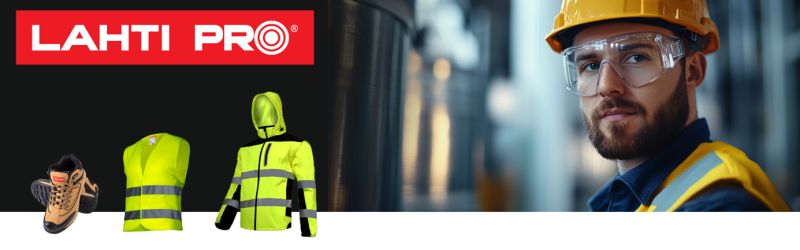 Mężczyzna w odzieży ochronnej i produkty marki Lahti Pro na czarnym tle