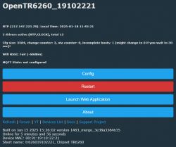 Screenshot of TR6260 device control panel showing NTP details and system statistics.