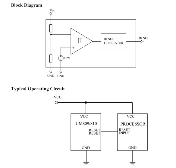 Block diagram and typical connection circuit of the UM809/810 reset circuit