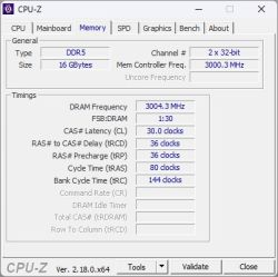 Zrzut ekranu z programu CPU-Z pokazujący parametry pamięci DDR5 16 GB