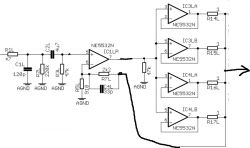 Electrical schematic of an amplifier using NE5532N and TL072 circuits.