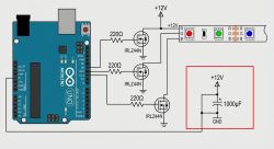 Diagram with Arduino, RGB LED strip, and 1000 µF capacitor highlighted in red