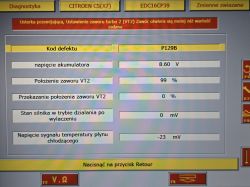 Ekran diagnostyczny systemu Citroen z kodem błędu P129B i różnymi parametrami.
