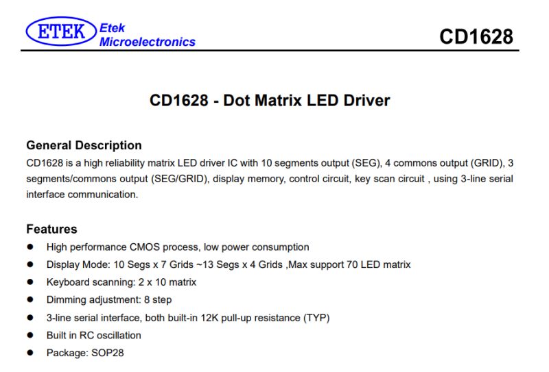 Part of the CD1628 datasheet showing LED driver features and description