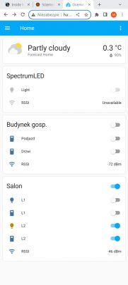 Home Assistant user interface with switches and sensors.