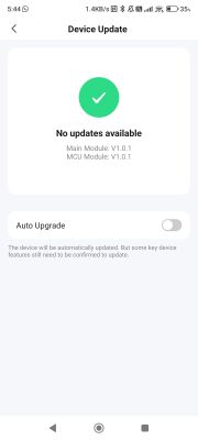 Device update screen showing no updates available and auto-upgrade option turned off.