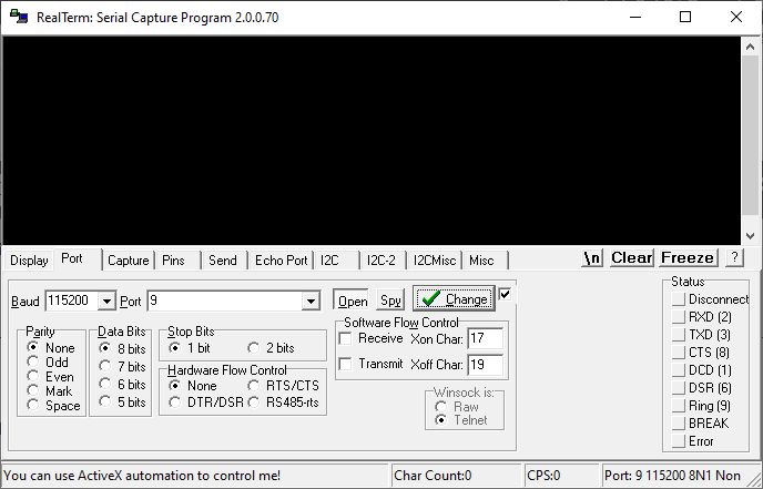 Screenshot of the RealTerm serial capture program.