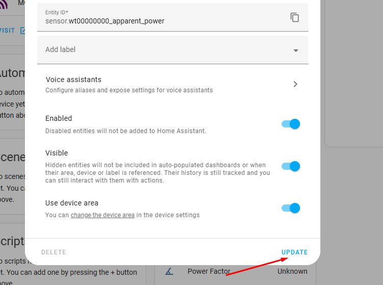 Editing Entity and Saving Changes in Home Assistant Entity settings editing window in Home Assistant with the UPDATE button highlighted in the bottom right corner.