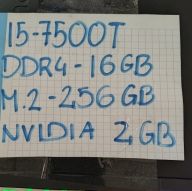 Kartka z parametrami komputera: i5-7500T, 16 GB RAM, 256 GB M.2, karta NVIDIA 2 GB