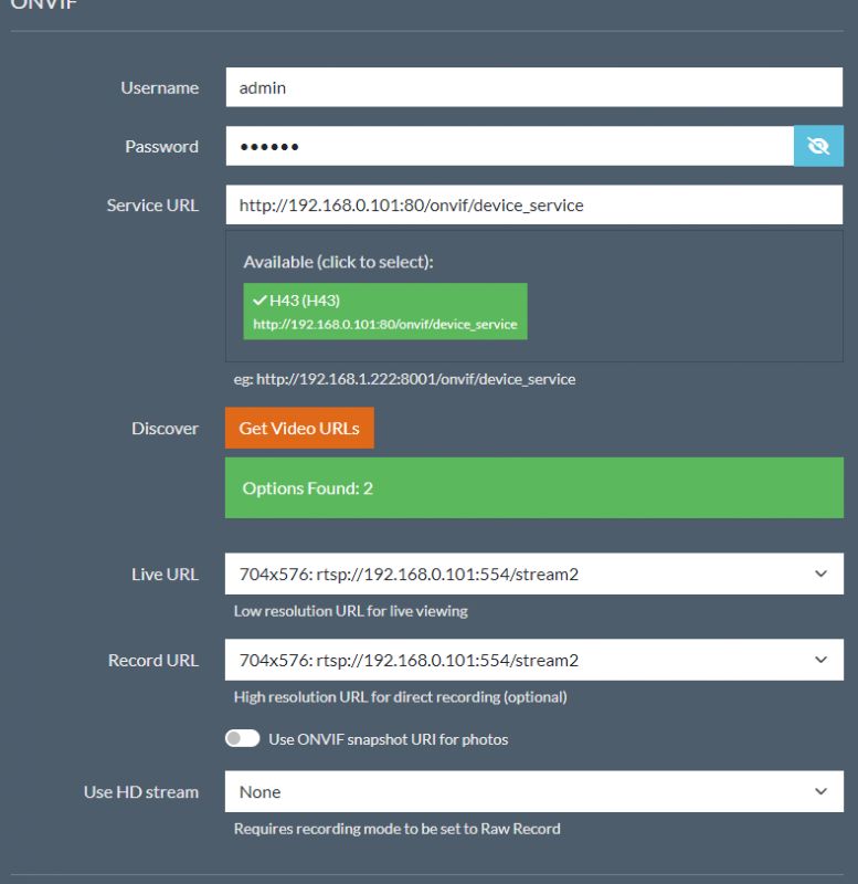 Zrzut ekranu z ustawień ONVIF kamery IP.