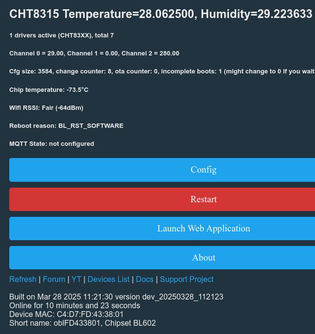User interface displaying temperature and humidity information with configuration options for the CHT8315 device.