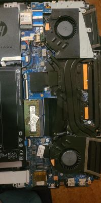 Widok wnętrza laptopa HP po zdjęciu dolnej pokrywy, widoczne wentylatory, bateria i płytka RAM.