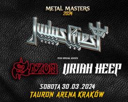 Plakat koncertowy Judas Priest z gośćmi specjalnymi Saxon i Uriah Heep w Krakowie.