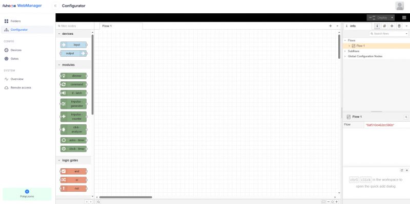 Screenshot of the F&amp;Home WebManager configuration interface showing tools for creating logic diagrams.