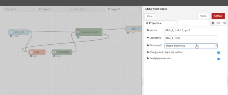 Logic flow editor with open output node properties window Screenshot of a graphical logic flow editor with an output node properties window open.