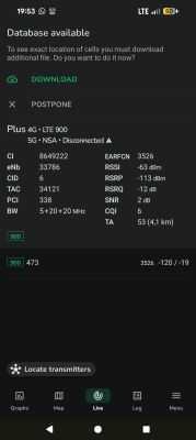 Ekran aplikacji pokazujący słabe parametry sygnału sieci Plus LTE 900