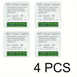 WiFi-Smart-Schalter (4er-Pack) Vier WiFi-Smart-Schalter mit gekennzeichneten technischen Spezifikationen.
