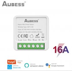The image shows an Aubess mini smart switch with technical specifications.