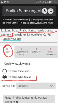Zrzut ekranu z wynikami wyszukiwania dla frazy Pralka Samsung nie obraca bębnem z 83 wynikami.