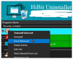 Zrzut ekranu z programu HiBit Uninstaller z otwartym menu kontekstowym opcji Force Removal.