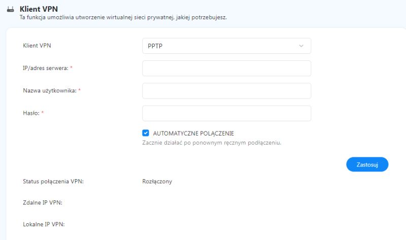 Formularz konfiguracji klienta VPN z polami na serwer, login i hasło