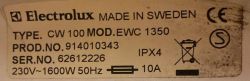 Tabliczka znamionowa pralki Electrolux EWC 1350 z numerem seryjnym i technicznymi danymi