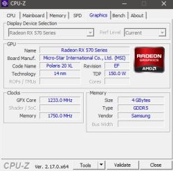 Zakładka Graphics programu CPU-Z pokazująca informacje o karcie Radeon RX 570