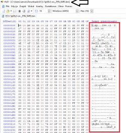Zrzut ekranu programu HxD z otwartym plikiem binarnym z danymi heksadecymalnymi.