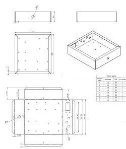 Rysunek techniczny obudowy z otworami i tabelą gięcia