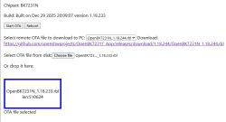 OTA update interface for BK7231N chipset with selected .rbl file version