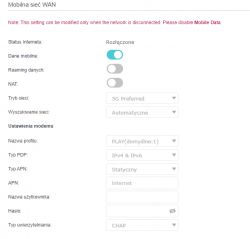 Zrzut ekranu ustawień mobilnej sieci WAN pokazujący wyłączony status Internetu.