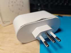 Brazilian Smart Plug eWelink White smart plug with Brazilian standard on a wooden surface.
