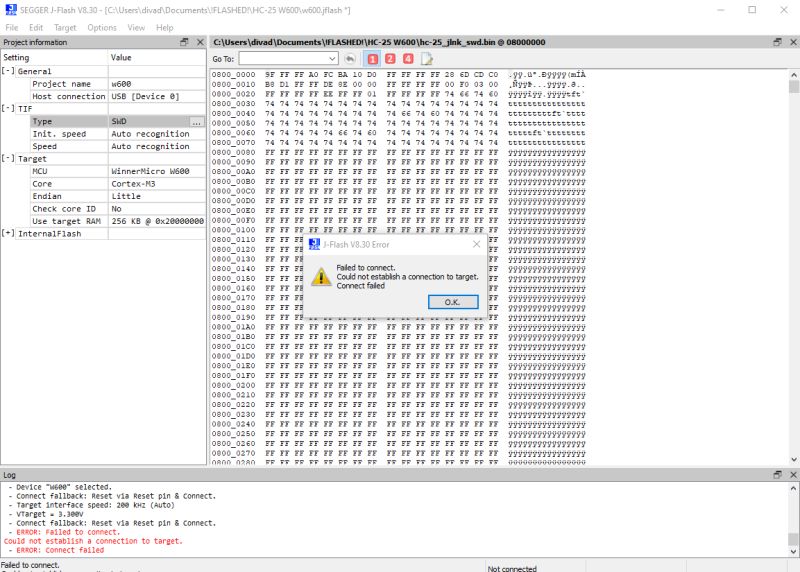 Connection error in SEGGER J-Flash V8.30 with hexadecimal memory view